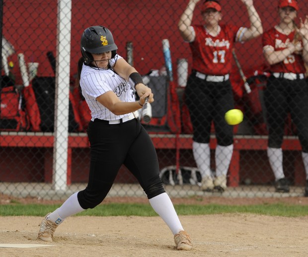 St. Laurence's Vanessa Kates (15) connects for a hit against Mother McAuley during a Girls Catholic Athletic Conference game Tuesday, May 6, 2025 in Chicago, IL. (Steve Johnston/for the Daily Southtown)