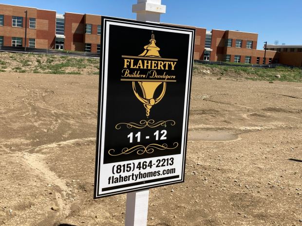 Flaherty Builders is developing the Misty Creek townhome project in Frankfort, seen May 16, 2025. Hickory Creek Middle School is in the background. (Mike Nolan / Daily Southtown)