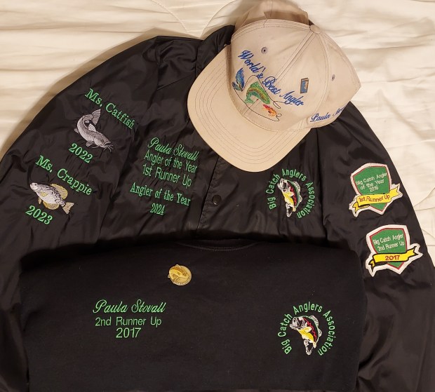 Paula Stovall's fishing gear includes clothing celebrating all of her angler accomplishments, including several runner-up finishes for the Big Catch Anglers Association Angler of the Year award as well as Ms. Catfish in 2022 and Ms. Crappie in 2023. She was named the club's first female Angler of the Year winner this year. (Paula Stovall)