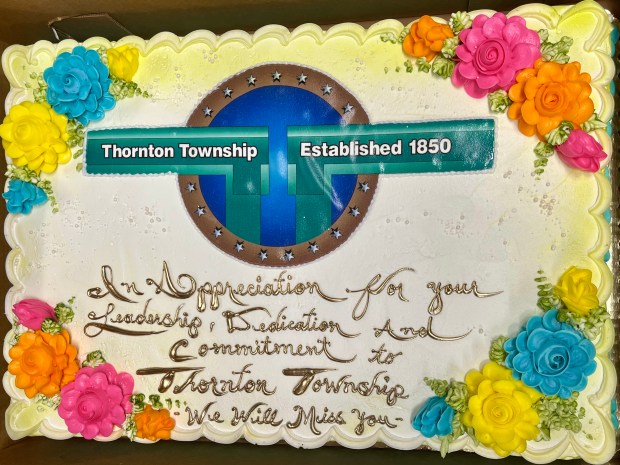 A cake dedicated to Thornton Township elected officials was served after the May 13, 2025 board meeting adjourned. (Olivia Stevens/Daily Southtown)