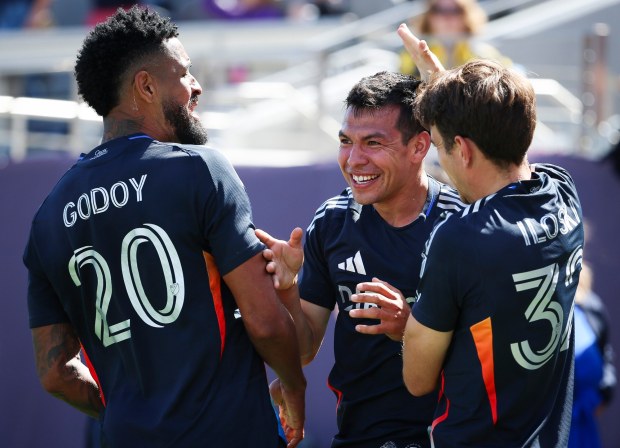 San Diego FC's Anibal Godoy, from left, Hirving Lozano and Milan Iloski celebrate after a goal against the Los Angeles Galaxy at Snapdragon Stadium on May 24, 2025 in San Diego. (Meg McLaughlin/San Diego Union-Tribune)