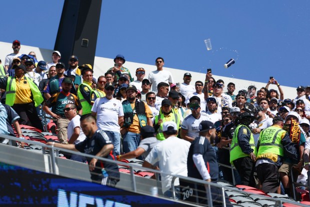 San Diego FC and Los Angeles Galaxy throw drinks at each other after the match at Snapdragon Stadium on Saturday, May 24, 2025 in San Diego, CA. (Meg McLaughlin / The San Diego Union-Tribune)