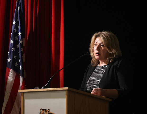Chicago Public Schools Chief Education Officer Bogdana Chkoumbova speaks during a press conference at Wendell Green Elementary School in Washington Heights on Sept. 19, 2023. (Talia Sprague/Chicago Tribune)