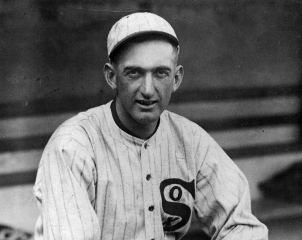 Shoeless Joe Jackson in the uniform worn by that year's world champs and by the "Black Sox" of two years later. (Chicago History Museum)
