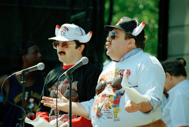 Chicago Bulls "SuperFans" Robert Smigel and George Wendt, right, join in a rally for the Chicago Bulls on June 22, 1993, in Grant Park. Thousands of fans gathered to celebrate the Bulls third straight NBA championship. (Mark Elias/AP) 