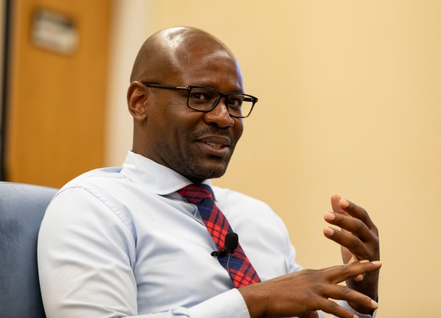 Vaughn Bryant, Executive Director of Metropolitan Peace Initiatives (MPI), a division of Metropolitan Family Services, speaks during a roundtable discussion on April 25, 2022 at Phalanx Family Services in West Pullman. (Brian Cassella/Chicago Tribune)