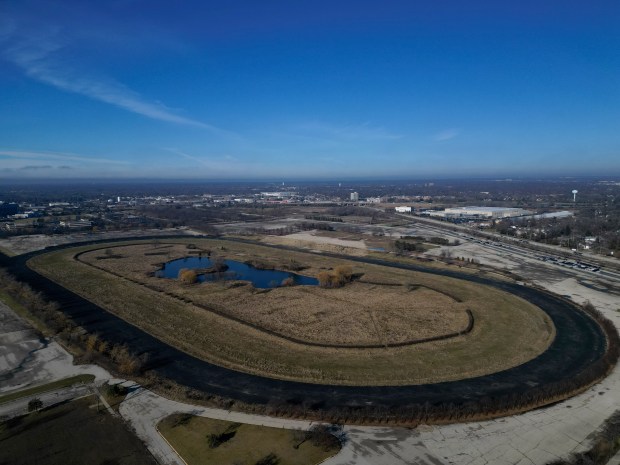 The view, Dec. 20, 2024, from the neighborhood southeast of the former Arlington International Racecourse, purchased by the Chicago Bears, in Arlington Heights. (Stacey Wescott/Chicago Tribune)