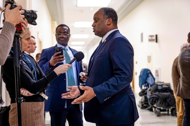 U.S. Rep. Jonathan Jackson speaks to a reporter outside a House Foreign Affairs Committee hearing on USAID funding, Feb. 13, 2025, at the Rayburn House Office Building in Washington. (Brian Cassella/Chicago Tribune)