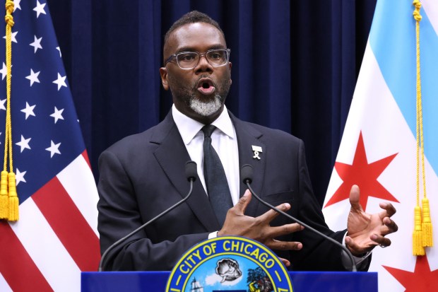Chicago Mayor Brandon Johnson speaks during a news conference about President Donald Trump at City Hall after a City Council meeting on May 21, 2025. (Terrence Antonio James/Chicago Tribune)