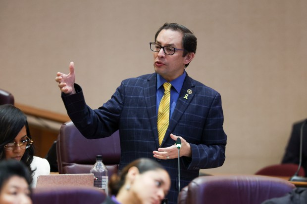 Ald. Raymond López, 15th, talks about why he's voting no on settling the $5 million Briana Keys lawsuit during a Chicago City Council meeting at City Hall on May 21, 2025. (Eileen T. Meslar/Chicago Tribune)