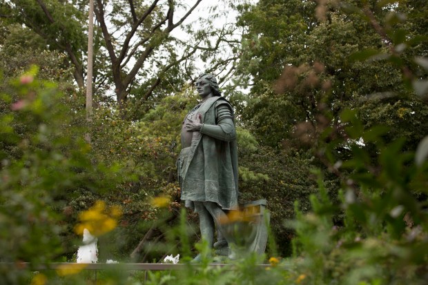 The Christopher Columbus statue in Arrigo Park was removed in 2020. (Alyssa Pointer/Chicago Tribune)