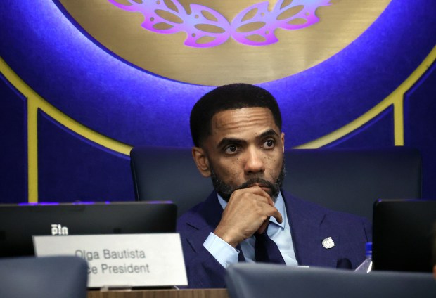 Chicago Public Schools board President Sean Harden leads a board meeting on March 20, 2025. (Terrence Antonio James/Chicago Tribune)
