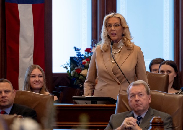 State Sen. Sue Rezin speaks on Jan. 8, 2025, at the Illinois State Capitol in Springfield. (Brian Cassella/Chicago Tribune)