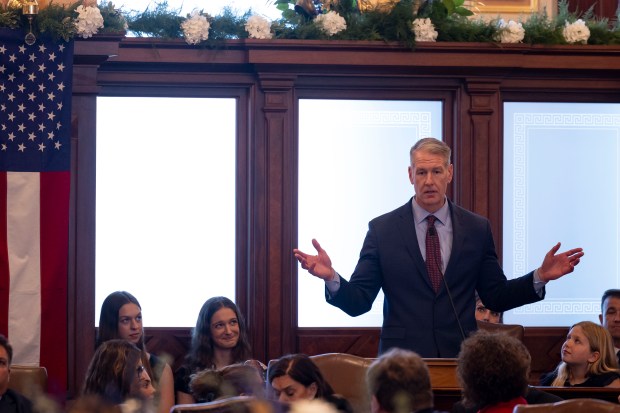 Senate Minority Leader John Curran speaks after being reelected to his position on Jan. 8, 2025, at the Illinois State Capitol in Springfield. (Brian Cassella/Chicago Tribune)