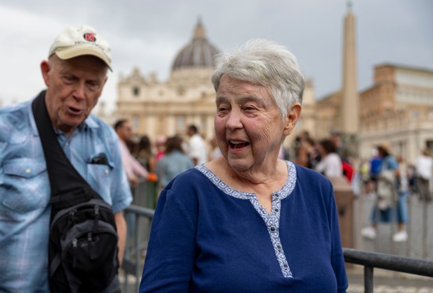 Diane and Martin Stenback, of Wisconsin, visit St. Peter's Square on May 20, 2025, at the Vatican. (Brian Cassella/Chicago Tribune)