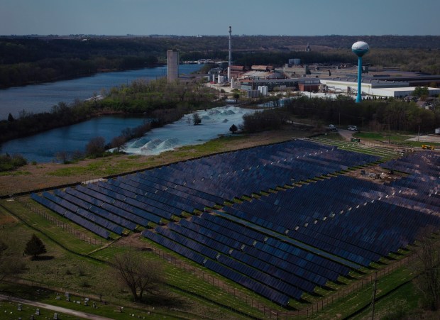 A solar farm is being built to provide power for the Pilkington Glass facility in Ottawa on April 23, 2025. (E. Jason Wambsgans/Chicago Tribune)