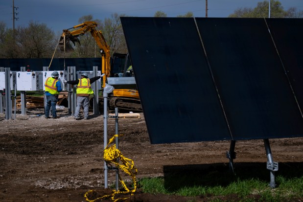 A solar farm is being built to provide power for the Pilkington Glass facility in Ottawa on April 23, 2025. (E. Jason Wambsgans/Chicago Tribune)