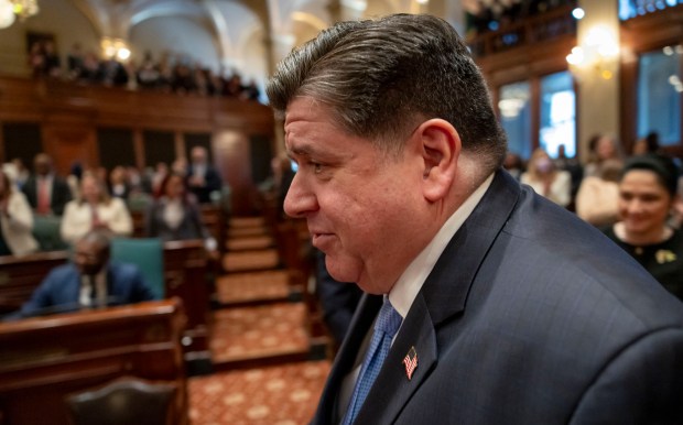 Gov. JB Pritzker arrives to deliver his annual budget address on Feb. 19, 2025, at the Illinois State Capitol in Springfield. (Brian Cassella/Chicago Tribune/pool)