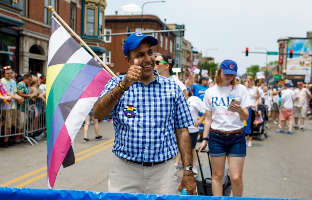 U.S. Rep. Raja Krishnamoorthi marches on June 30, 2019, at the 50th Chicago Pride Parade. (Brian Cassella/Chicago Tribune)