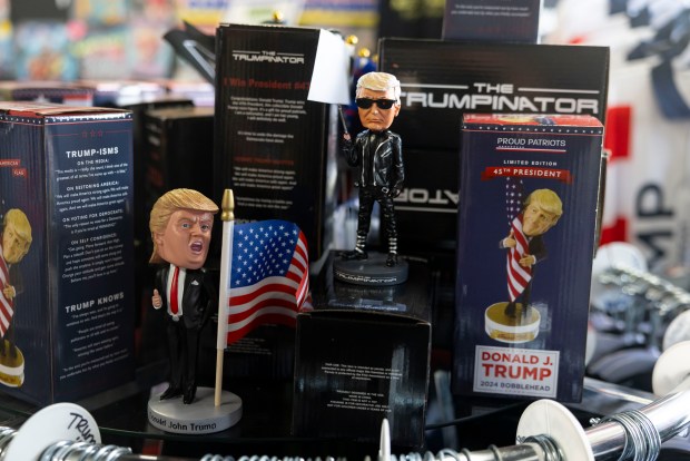 President Donald Trump bobbleheads for sale in Lisa Fleischmann's Trump Truth Store. (Brian Cassella/Chicago Tribune)