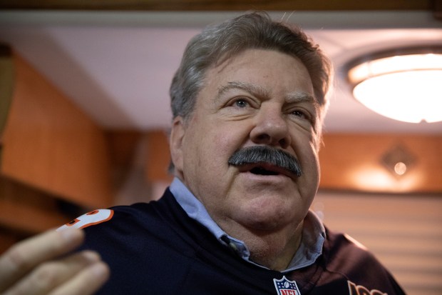 Actor George Wendt speaks during an interview on Aug. 19, 2019, outside Soldier Field in Chicago. Wendt was filming a segment with actor, writer, producer and director Robert Smigel of "Bill Swerski Super Fans," the "Saturday Night Live" sketch in which they play Bears fans. (Erin Hooley/Chicago Tribune)