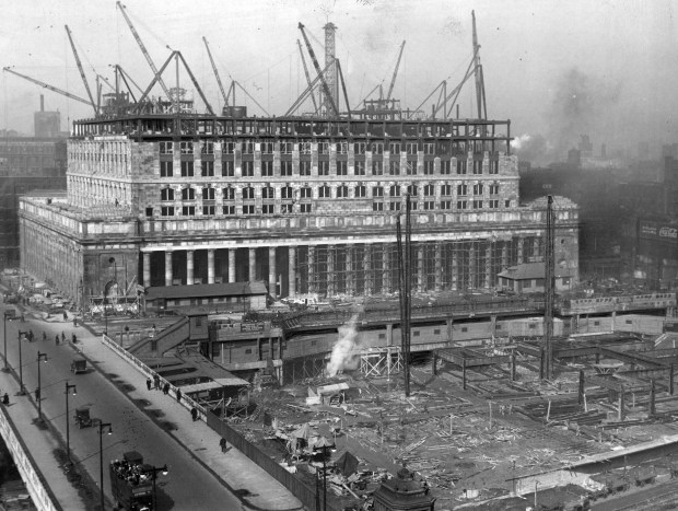 The great $75 million structure on Canal Street is under construction in the spring of 1924. All of the steel frame, which required 13,000 tons of material, had been completed, and about 80% of the exterior work was finished. It opened its doors to the public as Union Station in May 2025. (Underwood & Underwood)