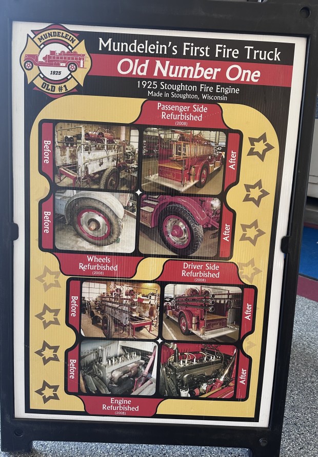 A sign showing restoration photos of the village of Mundelein's Old Number One fire truck is displayed at events. (Yadira Sanchez Olson/For the Lake County News-Sun)