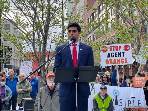 Northwestern Ph.D candidate Rohan Kota speaks at a May Day rally protest in Evanston against Donald Trump and his administration on May 1, 2025. (Richard Requena/Pioneer Press)