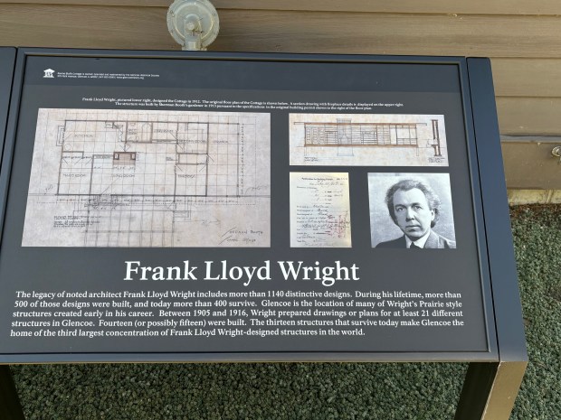 Ravine Bluffs Cottage in Glencoe, designed by noted architect Frank Lloyd Wright, features two new informational signs detailing its history. The Glencoe Historical Society, which owns and manages the building, says that as of May 2025, about 80% of restoration work is finished, but it needs to fundraise the rest to restore the interior so they can open it to the public. (Patrick Kaniff, Glencoe Historical Society)