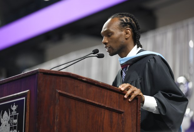 Niles North High School principal Marlon Felton speaks during the Niles North High School graduation at Welsh-Ryan Arena in Evanston on Sunday, May 25, 2025. (Talia Sprague / Pioneer Press)
