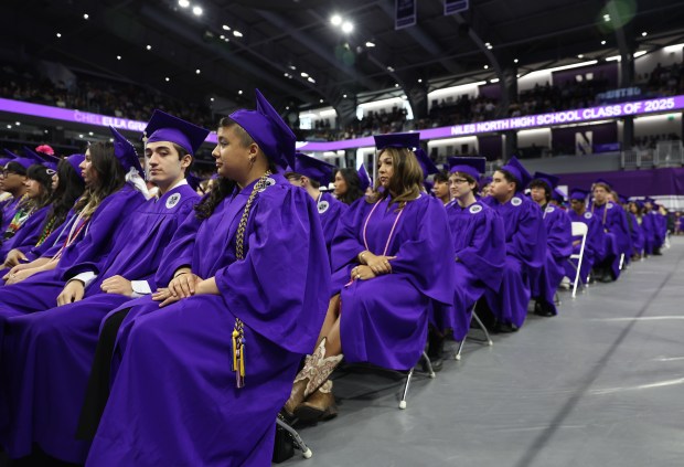 Graduates participate in the 2025 Niles North High School graduation at Welsh-Ryan Arena in Evanston on Sunday, May 25, 2025. (Talia Sprague / Pioneer Press)