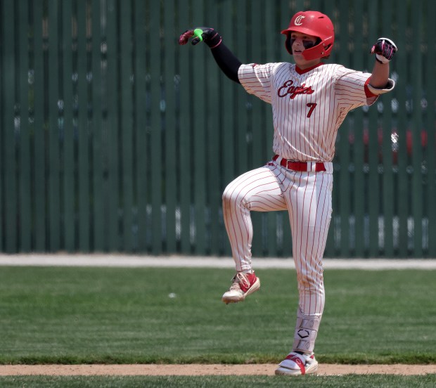Aurora Christian's Noah Hensley (7)reacts to his sixth inning double against Ottawa Marquette during the Class 1A Harvest Christian Sectional final at Trout Park in Elgin on Saturday, May 31, 2025.(H. Rick Bamman/for the Beacon-News)