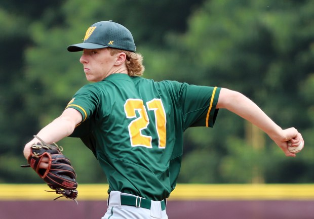 Waubonsie Valley's pitchera Nick Lambert during the Class 4A Sectional baseball game against Downers Grove North in Lockport on Saturday, June. 7, 2025. (James C. Svehla / for the Beacon-News)