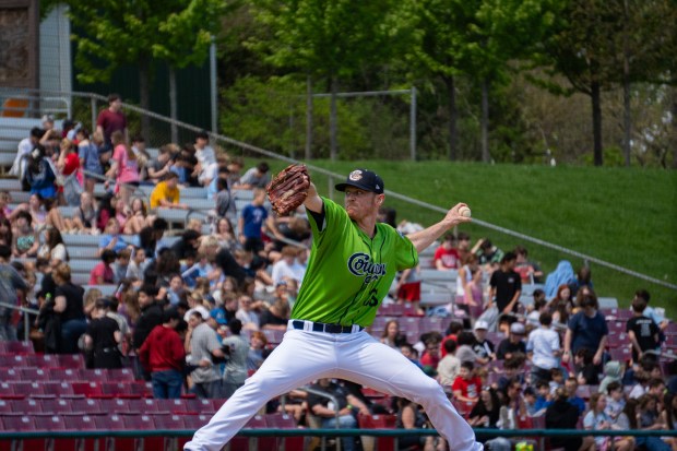 Kaneland graduate Casey Crosby winds up for a pitch for the Kane County Cougars against Winnipeg during a game at Northwestern Medicine Field in Geneva on Thursday, May 29, 2025. (Cougars photo)
