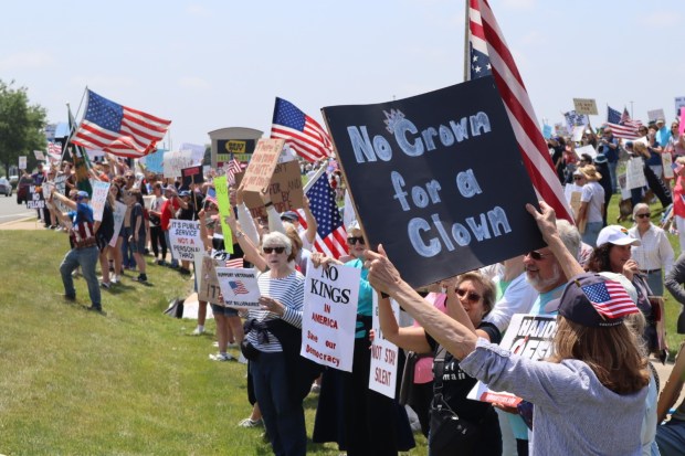 Protesters hold signs and wave American flags during the "No Kings" rally in Geneva on Saturday. (R. Christian Smith / The Beacon-News)