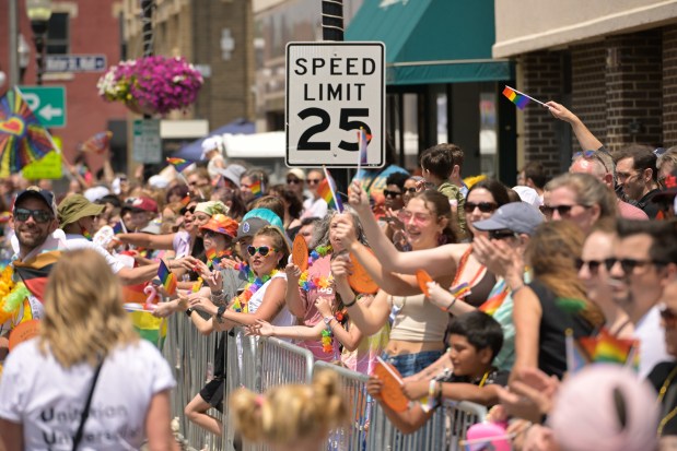 Thousands of people line the streets of downtown Aurora for the annual Pride Parade on Sunday, June 8, 2025. (Mark Black / For The Beacon-News)