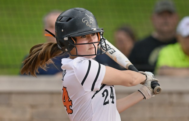 St. Charles East's Eden Corcoran (24) during the 4th inning of Tuesday's IHSA Class 4A Fremd Sectional semifinal against Fremd, June, 3, 2025. St. Charles East won the game, 3-2. (Brian O'Mahoney for the The Beacon-News)