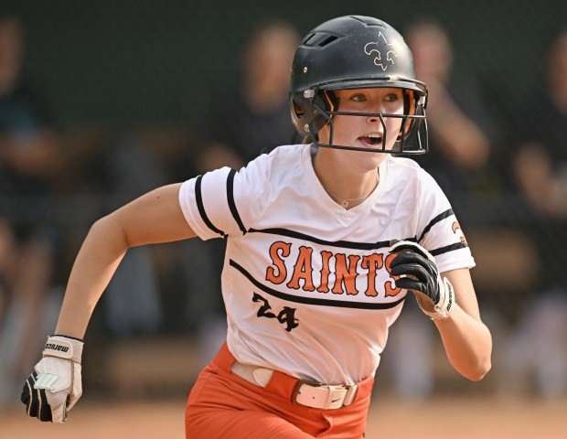 St. Charles East's Eden Corcoran (24) during the 6th inning of Tuesday's IHSA Class 4A Fremd Sectional semifinal against Fremd, June, 3, 2025. St. Charles East won the game, 3-2. (Brian O'Mahoney for the The Beacon-News)