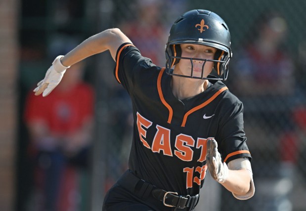 St. Charles East's Morgan Beers (13) during the 5th inning of Friday's IHSA Class 4A Fremd Sectional Championship against South Elgin, June, 6, 2025. St. Charles East won the game, 5-0. (Brian O'Mahoney for the The Beacon-News)