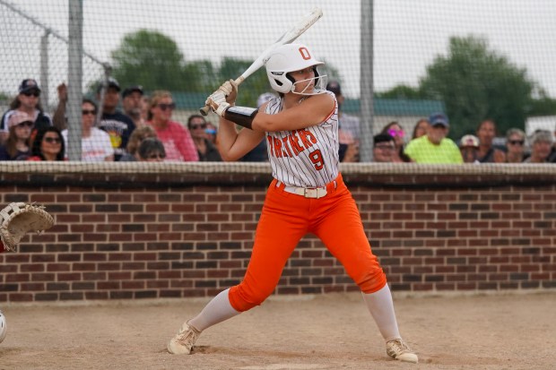 Oswego's Kennedy Gengler (9) bats against Yorkville during a Class 4A Oswego Sectional semifinal game at Oswego High School on Tuesday, June 3, 2025. (Sean King / for The Beacon-News)