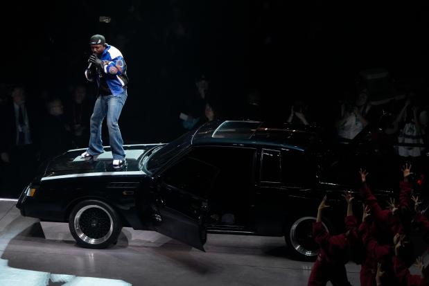 Kendrick Lamar performs during halftime of the NFL Super Bowl 59 football game between the Kansas City Chiefs and the Philadelphia Eagles, Sunday, Feb. 9, 2025, in New Orleans. (AP Photo/Charlie Riedel)