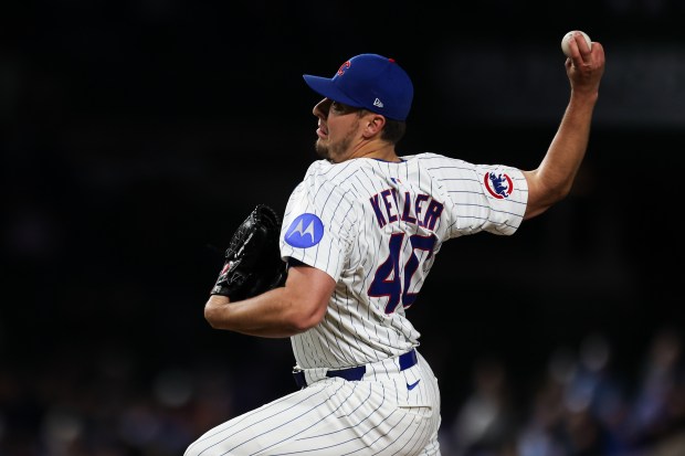 Cubs reliever Brad Keller delivers against the Rockies on May 28, 2025, at Wrigley Field. (Audrey Richardson/Chicago Tribune)