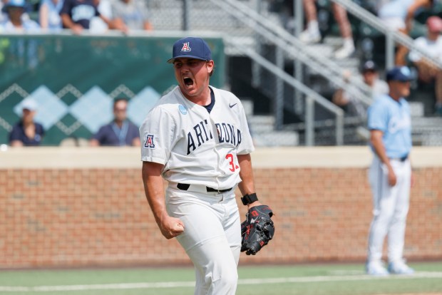 Arizona's Michael Hilker Jr. reacts after beating North Carolina in an super regional game on June 7, 2025, in Chapel Hill, N.C. (AP Photo/Ben McKeown)