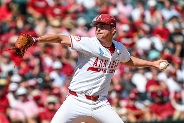 Arkansas pitcher Parker Coil throws against North Dakota State on May 30, 2025, in Fayetteville, Ark. (AP Photo/Michael Woods)