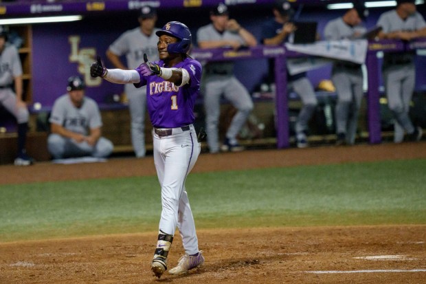 LSU outfielder Chris Stanfield celebrates a home run during a regional game against Dallas Baptist on May 31, 2025, in Baton Rouge, La. (AP Photo/Matthew Hinton)