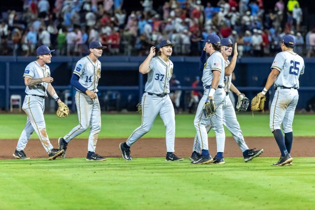 Murray State celebrates a 9-6 win over Mississippi after an NCAA regional game on May 30, 2025, Oxford, Miss. (AP Photo/Vasha Hunt)
