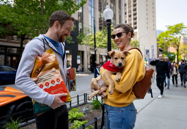 Jackson Genovese and Kristen Leetzow take their new three-month-old puppy Chanel home June 1, 2025, during the 28th annual Angels with Tails adoption event by PAWS Chicago in the Gold Coast. (Brian Cassella/Chicago Tribune)