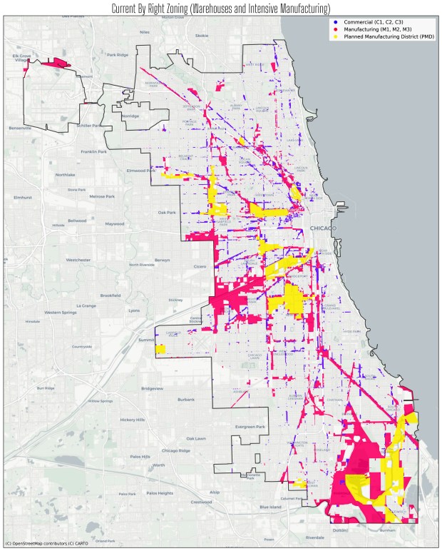 A map highlighting areas in the city of Chicago where current zoning rules allow warehouses or intensive manufacturing projects to be built without special approval. The Hazel M. Johnson Cumulative Impact Ordinance introduced to City Council in April would change this to require special-use approval after developers conduct a study of the possible health effects of a project on the community and discuss it with neighbors. (Anthony Moser/Neighbors for Environmental Justice)