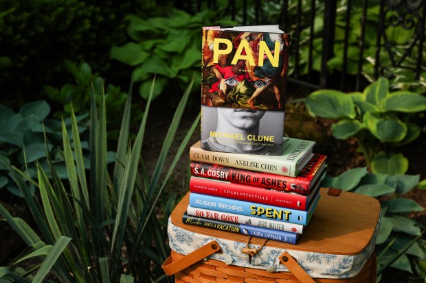 Summer reading books top to bottom, "Pan" by Michael Clune, "Clam Down" by Anelise Chen, "King of Ashes" by S.A. Cosby, "Charlottesville" by Deborah Baker, "Spent" by Alison Bechdel, "So Far Gone" by Jess Walter, and "Murder Takes a Vacation" by Laura Lippman. (Stacey Wescott/Chicago Tribune)