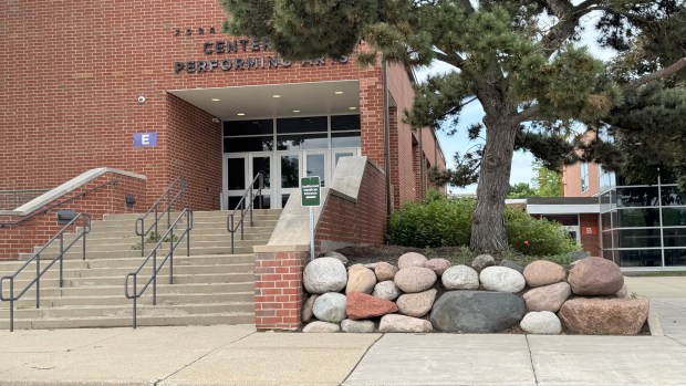 The entrance to the Forrest S. Sheely Center for the Performing Arts at Glenbrook North High School, 2300 Shermer Road, Northbrook, was featured in a scene from the 1986 film, "Ferris Bueller's Day Off." (Kori Rumore/Chicago Tribune)